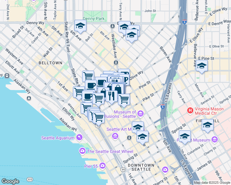 map of restaurants, bars, coffee shops, grocery stores, and more near 300 Pine Street in Seattle
