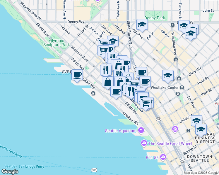 map of restaurants, bars, coffee shops, grocery stores, and more near 2211 Elliott Avenue in Seattle