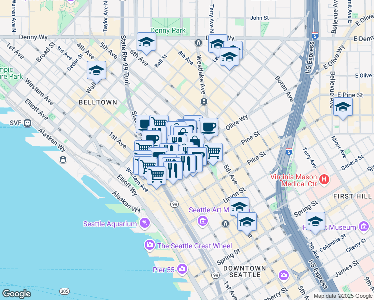 map of restaurants, bars, coffee shops, grocery stores, and more near in Seattle