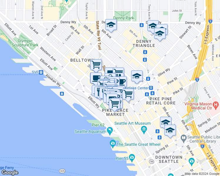map of restaurants, bars, coffee shops, grocery stores, and more near 2033 2nd Avenue in Seattle