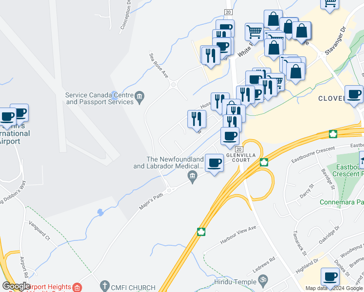 map of restaurants, bars, coffee shops, grocery stores, and more near 6 Leonard Place in St. John's