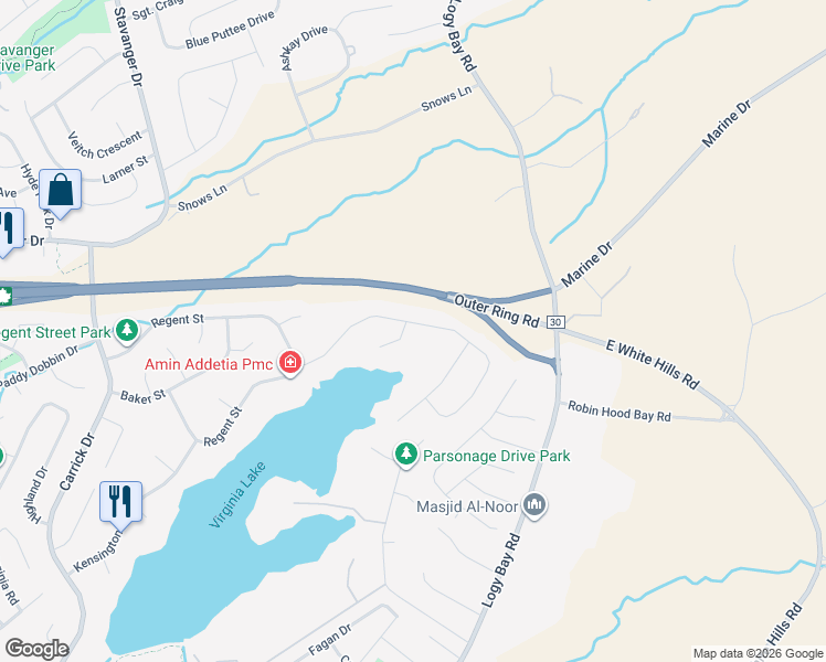 map of restaurants, bars, coffee shops, grocery stores, and more near 11 Hebbard Place in St. John's