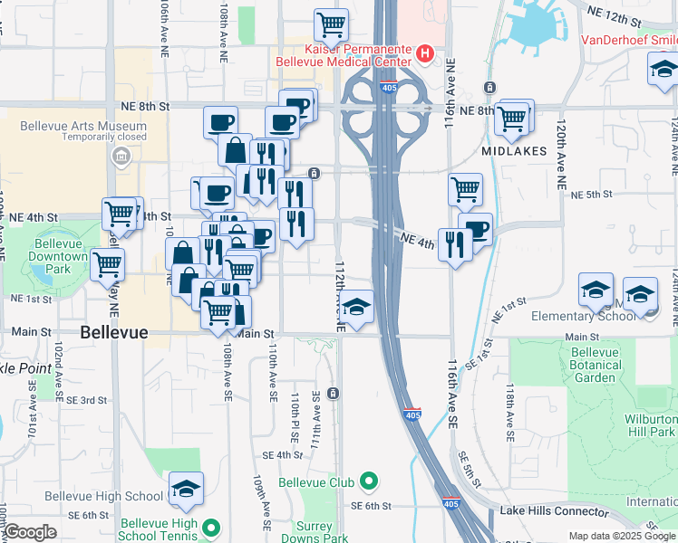 map of restaurants, bars, coffee shops, grocery stores, and more near 123 112th Avenue Northeast in Bellevue