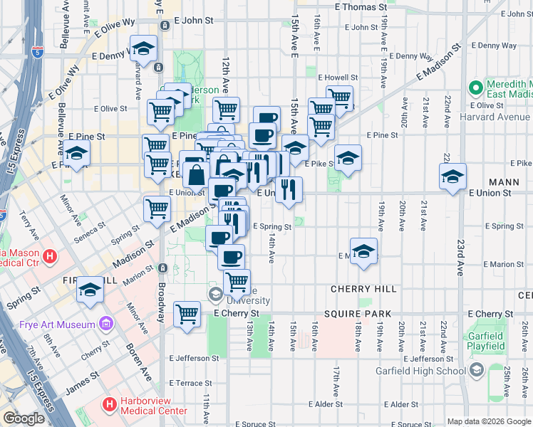 map of restaurants, bars, coffee shops, grocery stores, and more near 935 14th Avenue in Seattle