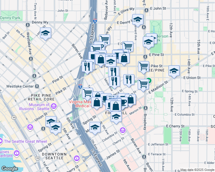 map of restaurants, bars, coffee shops, grocery stores, and more near in Seattle