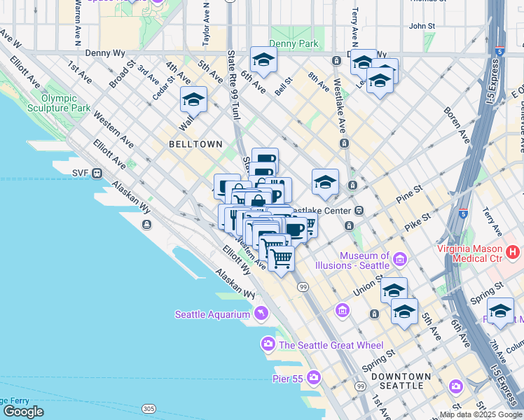 map of restaurants, bars, coffee shops, grocery stores, and more near 2016 1st Avenue in Seattle