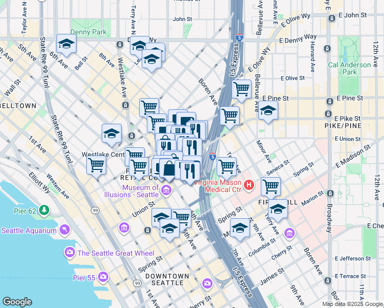 map of restaurants, bars, coffee shops, grocery stores, and more near 1500 8th Avenue in Seattle