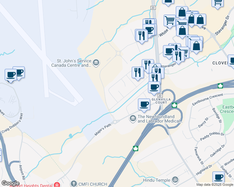 map of restaurants, bars, coffee shops, grocery stores, and more near 13 Leonard Place in St. John's