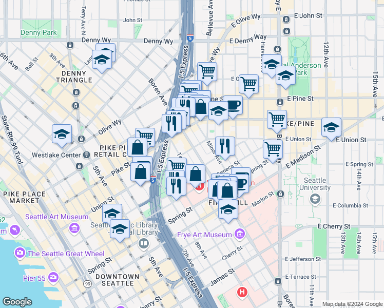 map of restaurants, bars, coffee shops, grocery stores, and more near 1300 Terry Avenue in Seattle