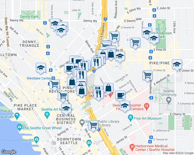 map of restaurants, bars, coffee shops, grocery stores, and more near 1400 Hubbell Place in Seattle