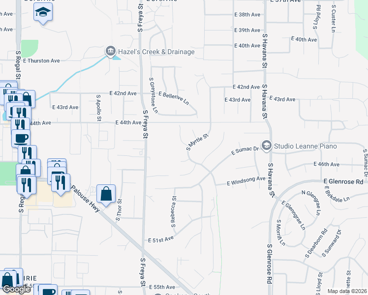 map of restaurants, bars, coffee shops, grocery stores, and more near 4620 South Myrtle Street in Spokane
