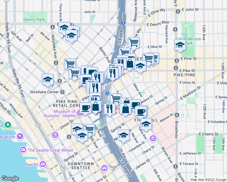 map of restaurants, bars, coffee shops, grocery stores, and more near 1400 Hubbell Place in Seattle