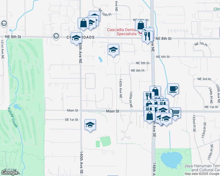 map of restaurants, bars, coffee shops, grocery stores, and more near 14322 Northeast 1st Place in Bellevue