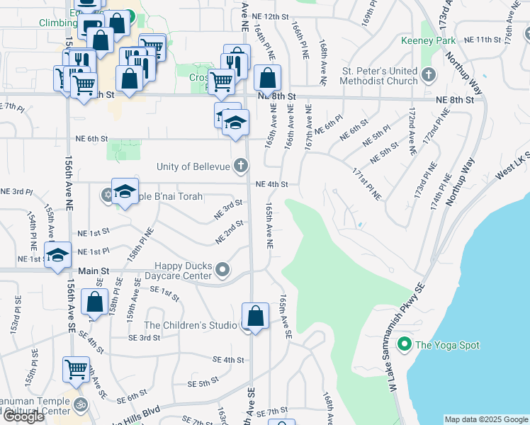 map of restaurants, bars, coffee shops, grocery stores, and more near 130 164th Avenue Southeast in Bellevue