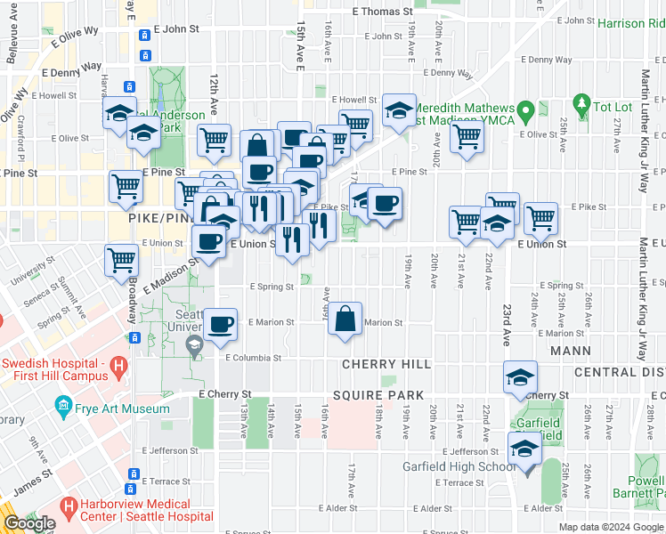 map of restaurants, bars, coffee shops, grocery stores, and more near 1120 16th Avenue in Seattle