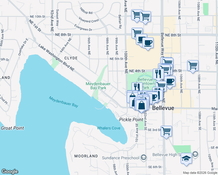 map of restaurants, bars, coffee shops, grocery stores, and more near 9829 Northeast 1st Street in Bellevue
