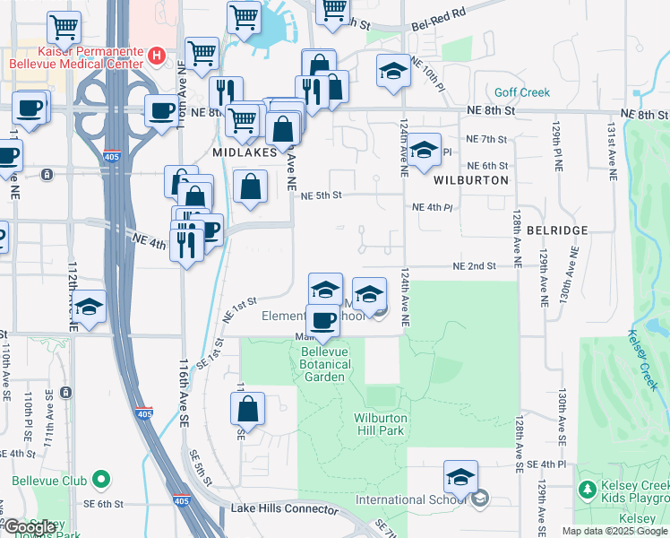map of restaurants, bars, coffee shops, grocery stores, and more near 220 120th Avenue Northeast in Bellevue