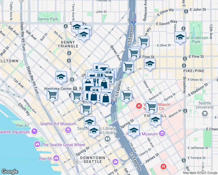 map of restaurants, bars, coffee shops, grocery stores, and more near 824 Pike Street in Seattle