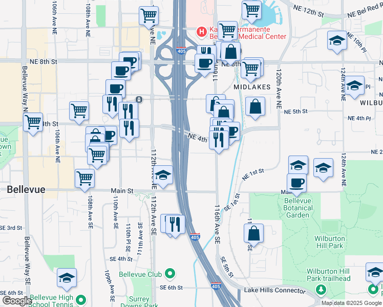 map of restaurants, bars, coffee shops, grocery stores, and more near 11405 Northeast 2nd Place in Bellevue