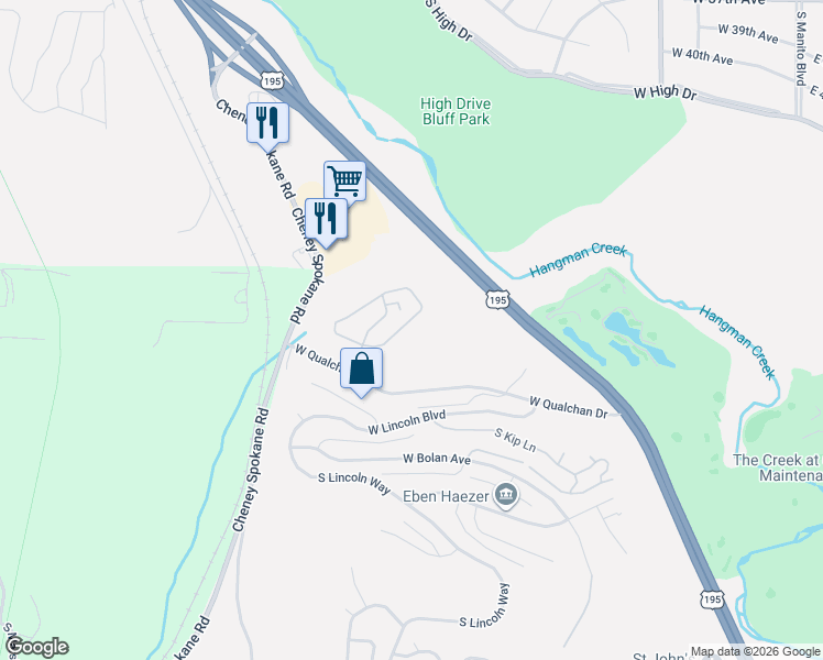 map of restaurants, bars, coffee shops, grocery stores, and more near 1135 West Sunny Creek Circle in Spokane