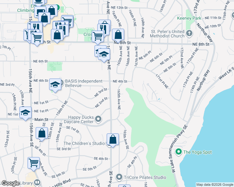 map of restaurants, bars, coffee shops, grocery stores, and more near 130 164th Avenue Southeast in Bellevue