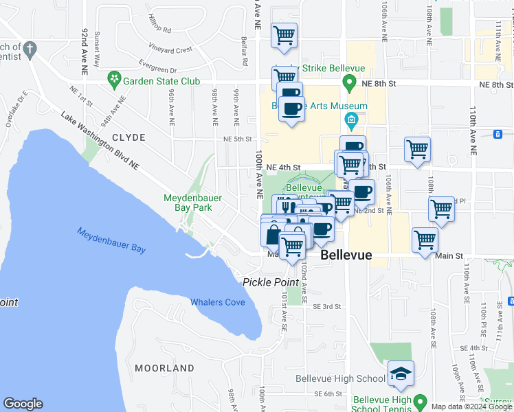 map of restaurants, bars, coffee shops, grocery stores, and more near 100 100th Avenue Northeast in Bellevue