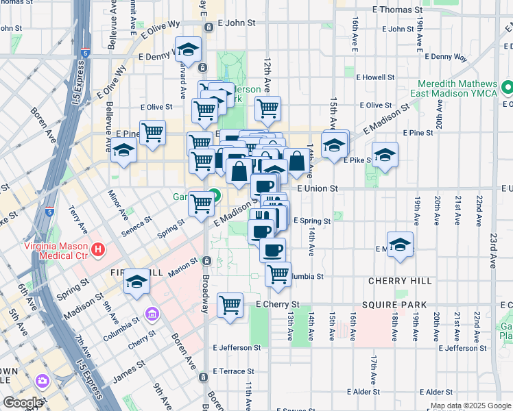 map of restaurants, bars, coffee shops, grocery stores, and more near 1106 East Spring Street in Seattle