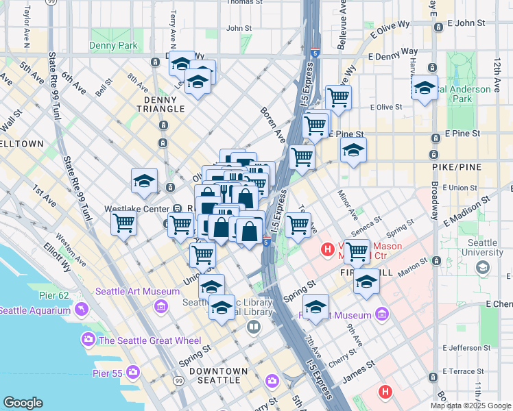 map of restaurants, bars, coffee shops, grocery stores, and more near 629 Pike Street in Seattle