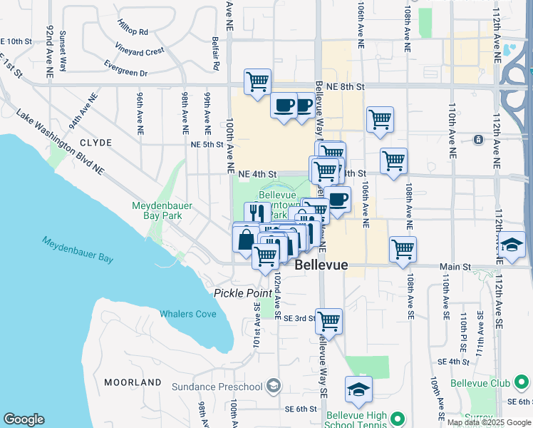 map of restaurants, bars, coffee shops, grocery stores, and more near 10201 Northeast 4th Street in Bellevue