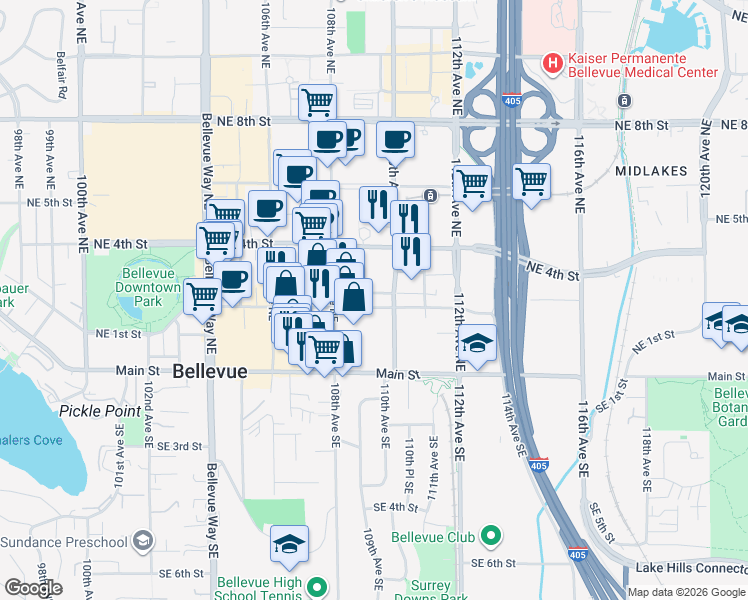 map of restaurants, bars, coffee shops, grocery stores, and more near 10961 Northeast 2nd Place in Bellevue