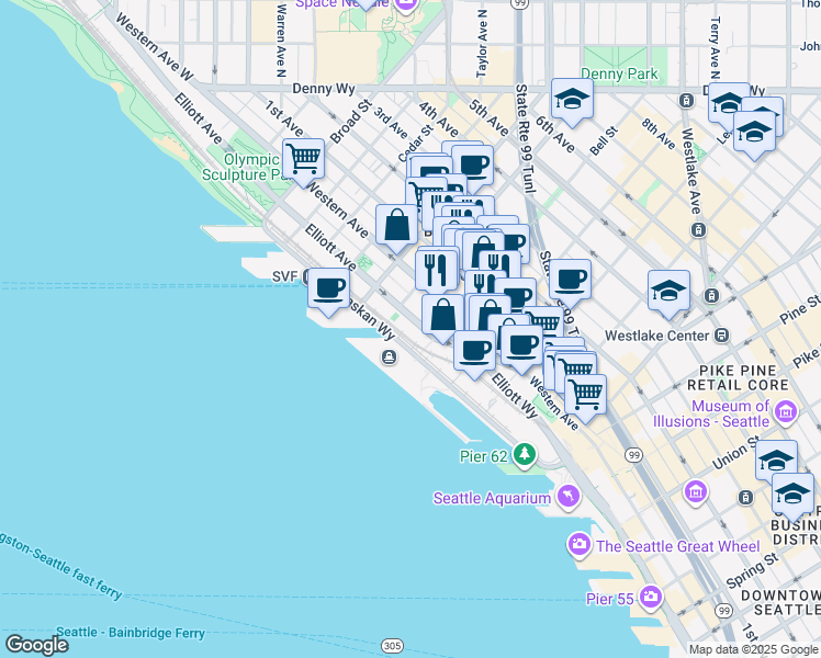 map of restaurants, bars, coffee shops, grocery stores, and more near 2323 Elliott Avenue in Seattle