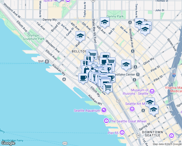 map of restaurants, bars, coffee shops, grocery stores, and more near 88 Lenora Street in Seattle