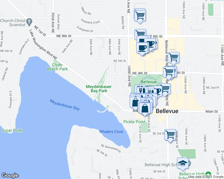map of restaurants, bars, coffee shops, grocery stores, and more near 9829 Northeast 1st Street in Bellevue