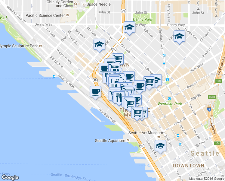 map of restaurants, bars, coffee shops, grocery stores, and more near 2125 1st Avenue in Seattle