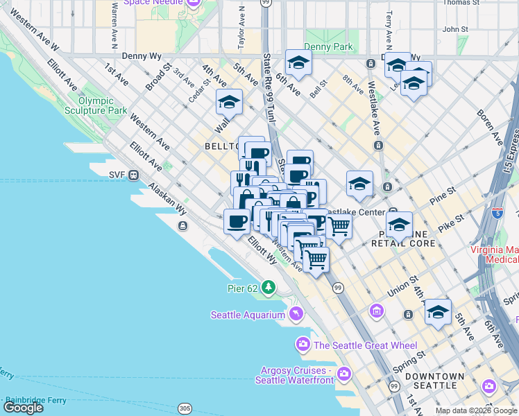 map of restaurants, bars, coffee shops, grocery stores, and more near 2125 1st Avenue in Seattle