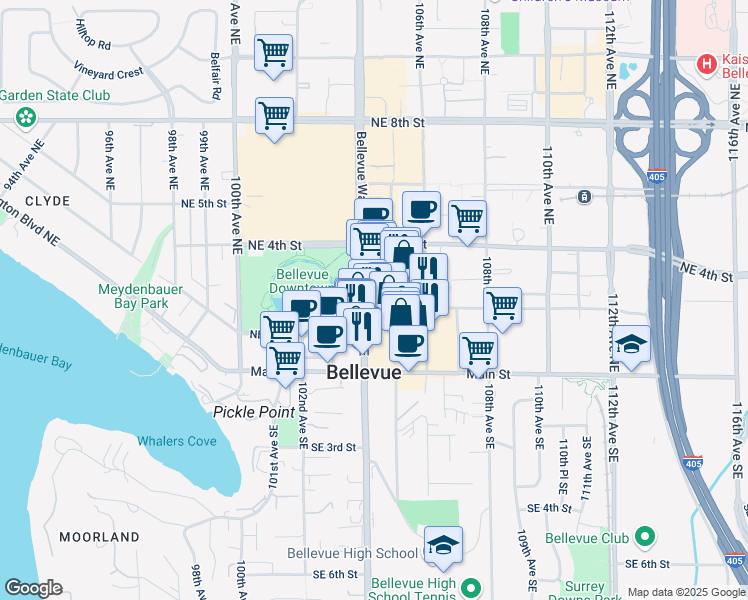 map of restaurants, bars, coffee shops, grocery stores, and more near 10400 Northeast 2nd Street in Bellevue
