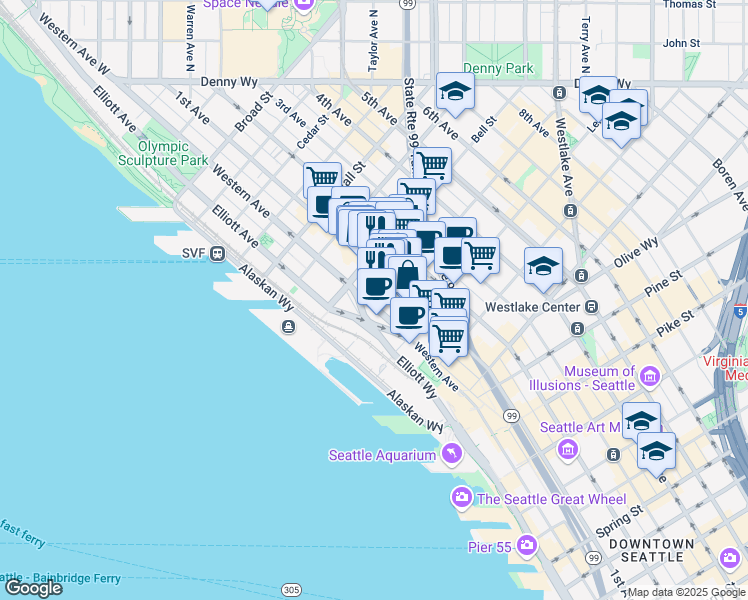 map of restaurants, bars, coffee shops, grocery stores, and more near 2200 Western Avenue in Seattle