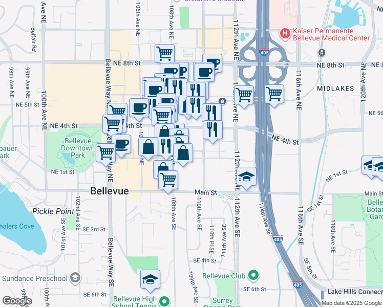 map of restaurants, bars, coffee shops, grocery stores, and more near 355 110th Avenue Northeast in Bellevue