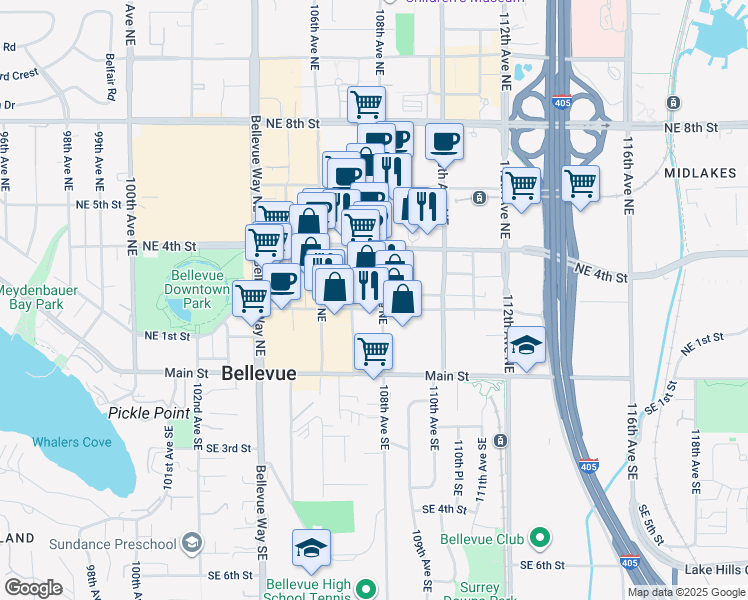 map of restaurants, bars, coffee shops, grocery stores, and more near 225 108th Avenue Northeast in Bellevue
