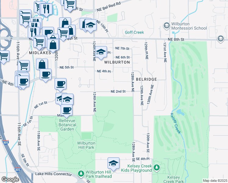 map of restaurants, bars, coffee shops, grocery stores, and more near 12600 Northeast 2nd Street in Bellevue