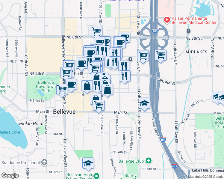 map of restaurants, bars, coffee shops, grocery stores, and more near 355 110th Avenue Northeast in Bellevue