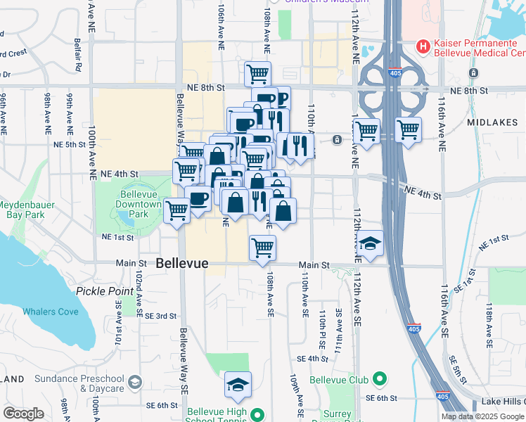 map of restaurants, bars, coffee shops, grocery stores, and more near 305 108th Avenue Northeast in Bellevue