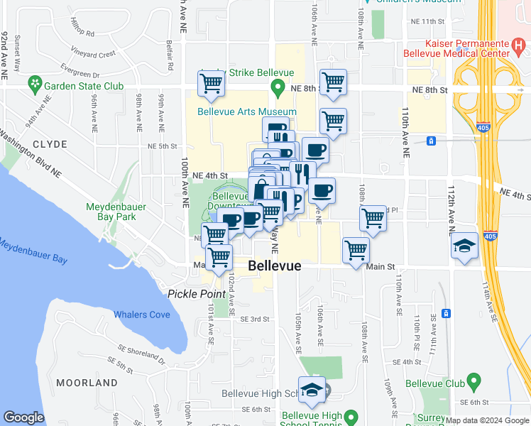 map of restaurants, bars, coffee shops, grocery stores, and more near 303 Bellevue Square in Bellevue