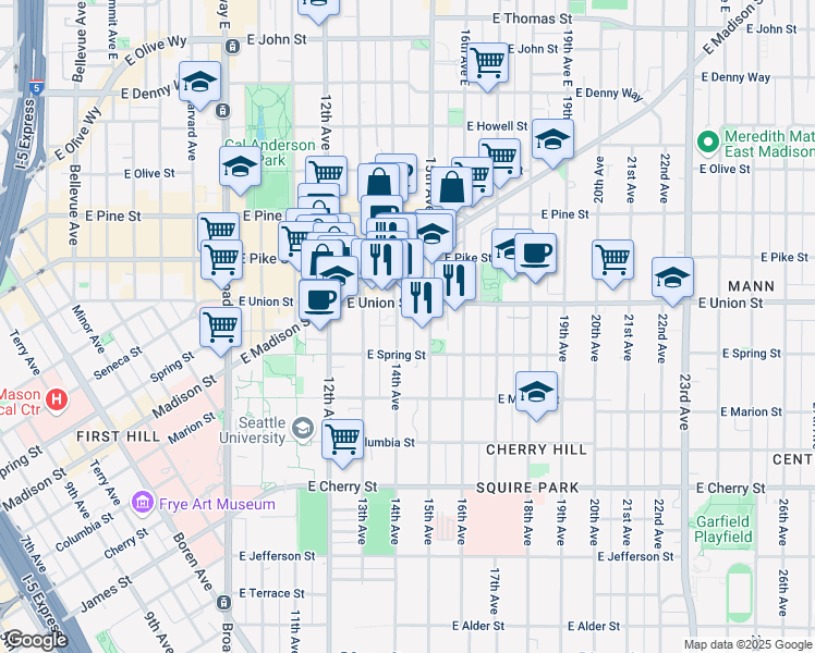 map of restaurants, bars, coffee shops, grocery stores, and more near 1422 East Union Street in Seattle