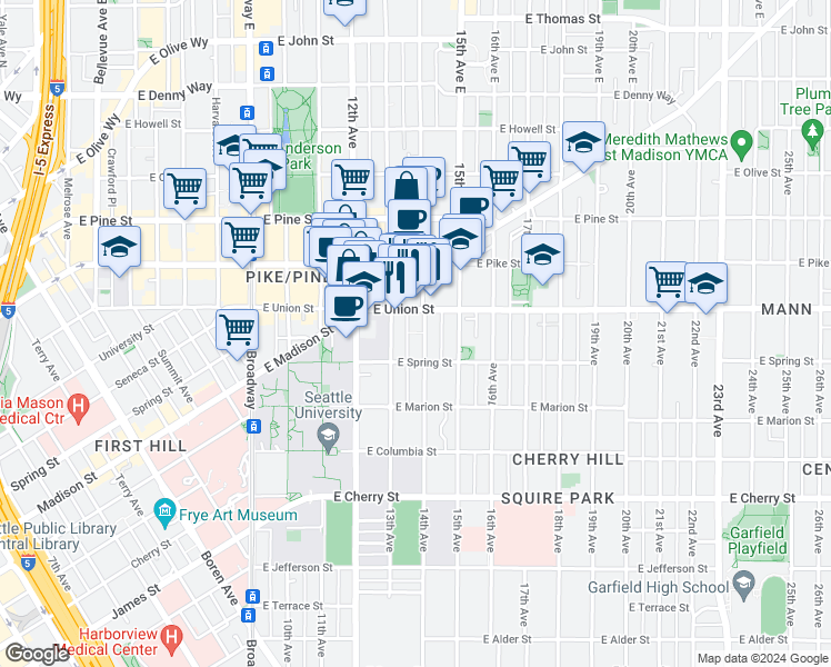 map of restaurants, bars, coffee shops, grocery stores, and more near 1325 East Madison Street in Seattle