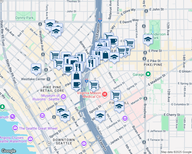 map of restaurants, bars, coffee shops, grocery stores, and more near 1011 Pike Street in Seattle