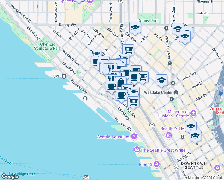map of restaurants, bars, coffee shops, grocery stores, and more near 2225 1st Avenue in Seattle