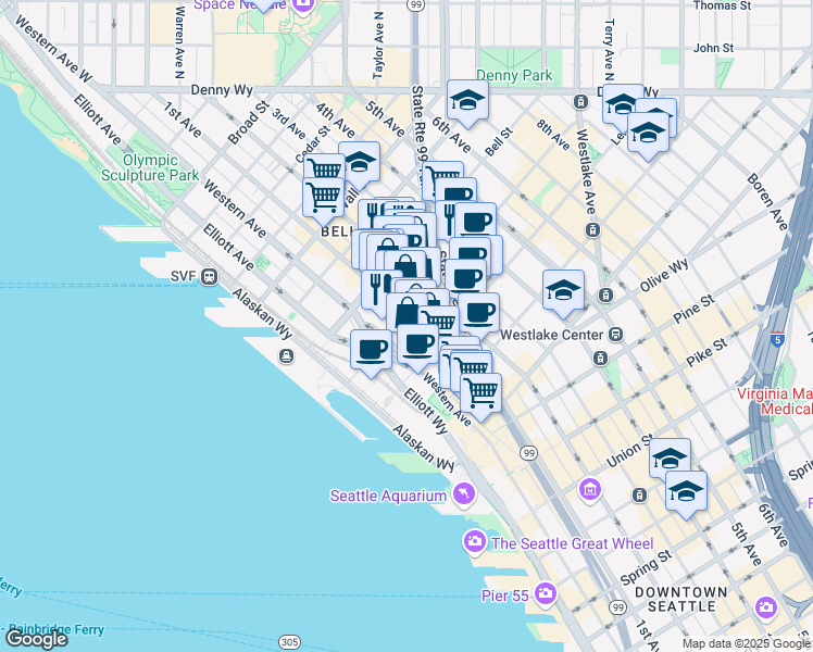map of restaurants, bars, coffee shops, grocery stores, and more near 2119 2nd Avenue in Seattle