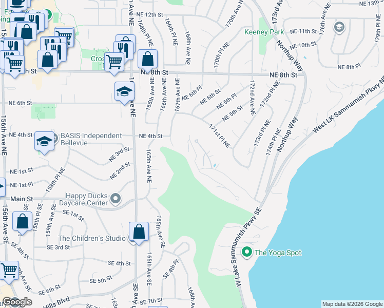map of restaurants, bars, coffee shops, grocery stores, and more near 216 167th Place Northeast in Bellevue