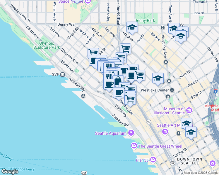 map of restaurants, bars, coffee shops, grocery stores, and more near 2225 1st Avenue in Seattle